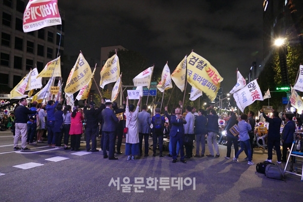 '조국을 사랑하는 해외동포연합'의 회원들과 깃발 Ⓒ정영신