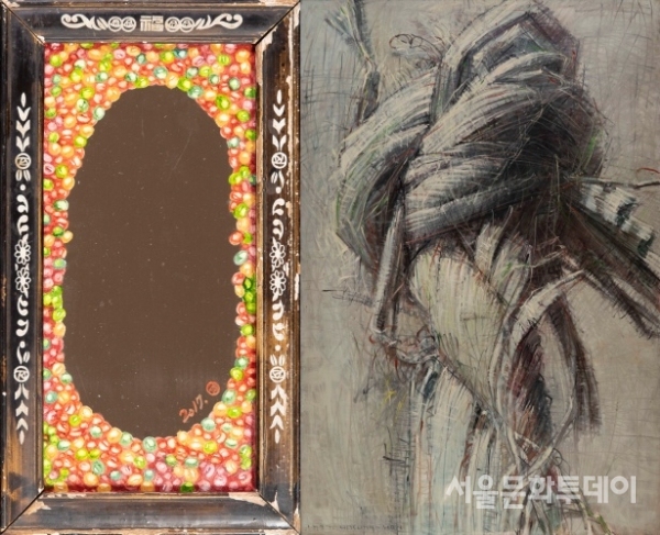 ▲(왼쪽부터) 정정엽, '축제-마당', 2017, 한운성, '매듭', 1987 (사진=수원시립미술관 제공)