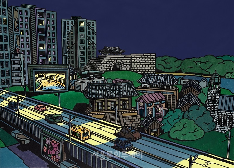 ▲Lee Unjung,City Gimpo - night,woodcut monotype,50x70cm,2022