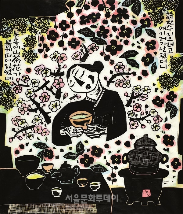 ▲홍선웅,산다화(山茶花), 목판채색, 142X121cm, 2011