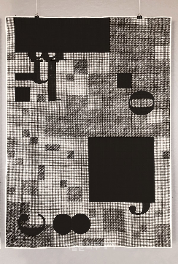 ▲이수지,big black squares 03, Paper, thread, ink, linen, 81x56cm, 2021
